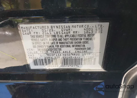 2025 Nissan Sentra Sv from USA, damaged, VIN 3N1AB8CV0SY292796